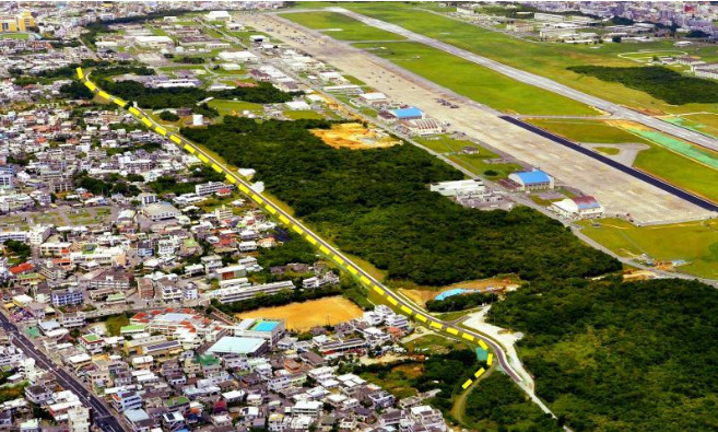 宜野湾市道11号線の航空写真（点線部分）